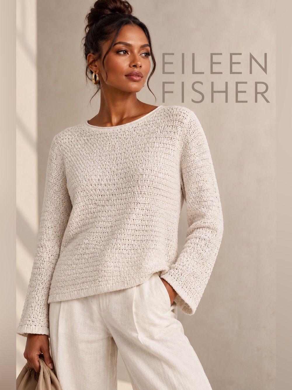 Eileen Fisher Cream Open-Weave Crewneck Sweater